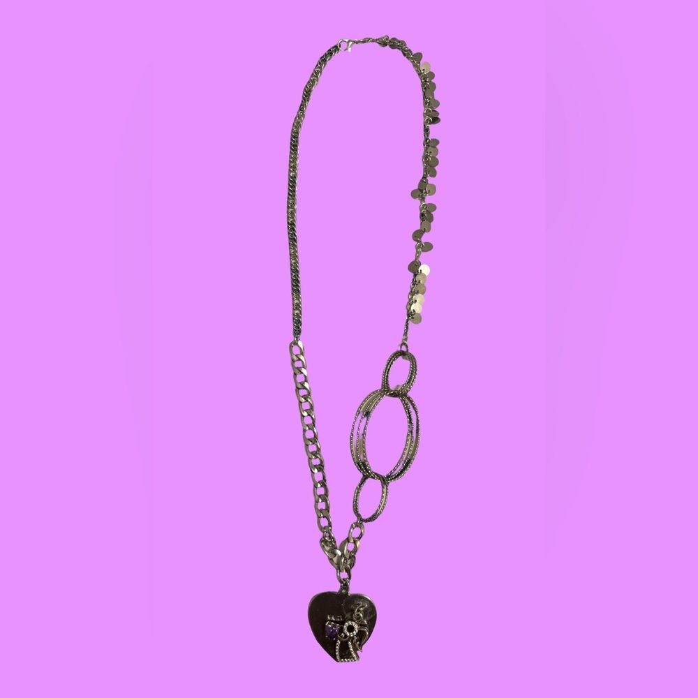 Silver Necklace with Angel holding a Purple Heart Pendant